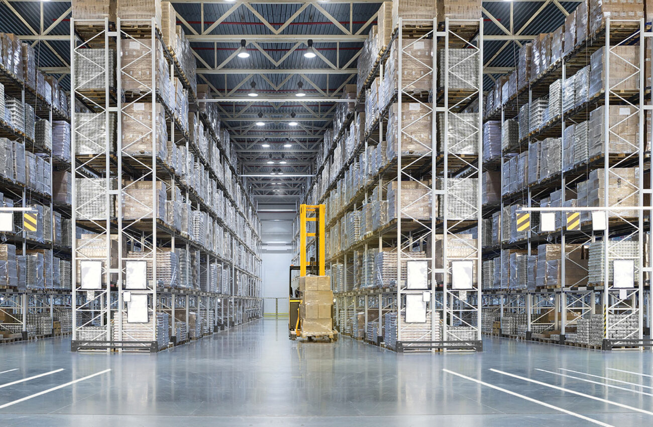 Huge distribution warehouse with high shelves